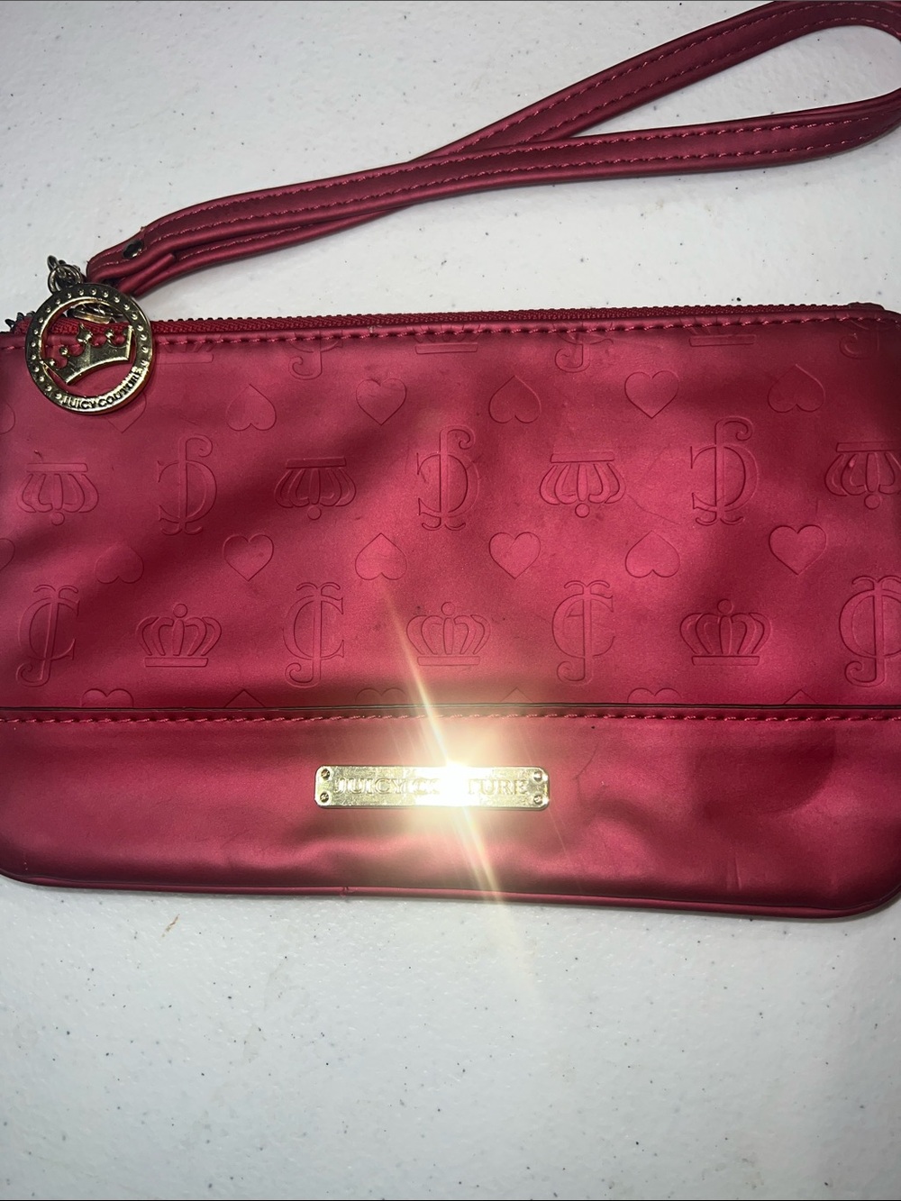 Juicy Couture Red Embossed Satin Wristlet Clutch with Gold Hardware